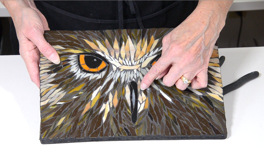 Woman showing a mosaic of an owl